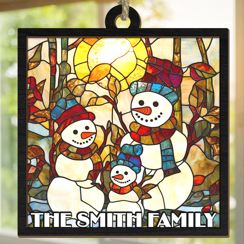 Teesdily | Customized Snowman Family Christmas Suncatcher, Christmas Snowman Stained Glass Suncatcher, Christmas Tree Decor Gift