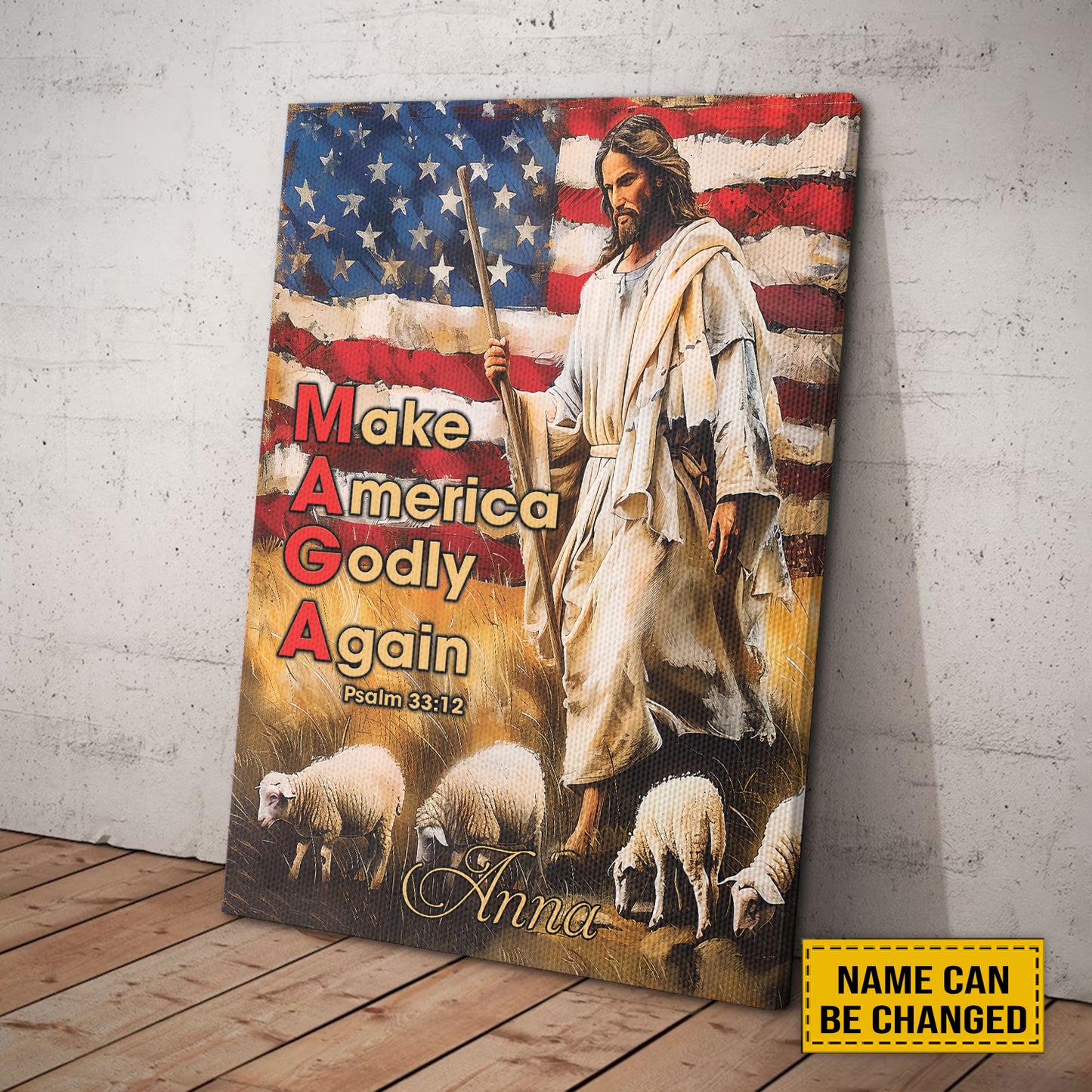 Teesdily | Customized Jesus And Lamb Poster, Make America Godly Again American Flag Poster, Gift For Jesus Lovers, Religious Poster Canvas