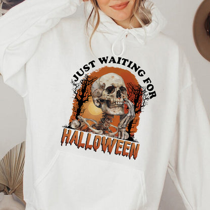 Teesdily | Halloween Cool Skeleton Shirt, Skeleton Just Waiting For Halloween Shirt, Funny Skeleton Sweatshirt Hoodie Mug, Horror Halloween Gifts