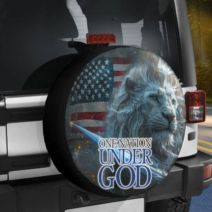 Teesdily | Jesus Lion Usa Flag Spare Tire Cover, One Nation Under God Wheel Cover, Independence Day Car Decor, 4Th Of July Spare Tire Cover 27"-34"