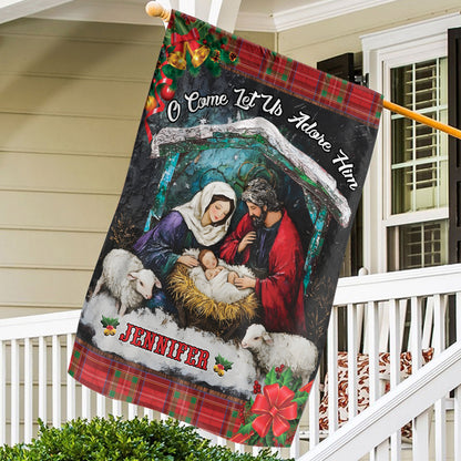 Teesdily | Customized Jesus Nativity Christmas Garden Flag, O Come Let Us Adore Him House Flag, Jesus Birth Gift, Xmas Gift