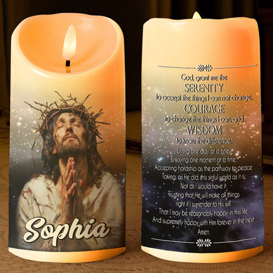 Teesdily | Customized The Serenity Prayer LED Candle, Jesus Pray Christmas LED Candle, Faith Religious Christmas Gift