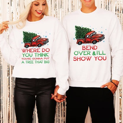 Teesdily | Bend Over And I'll Show You Christmas Couple Shirt, Christmas Vacation Matching Shirt Hoodie Mug, Red Truck Car Sweatshirt