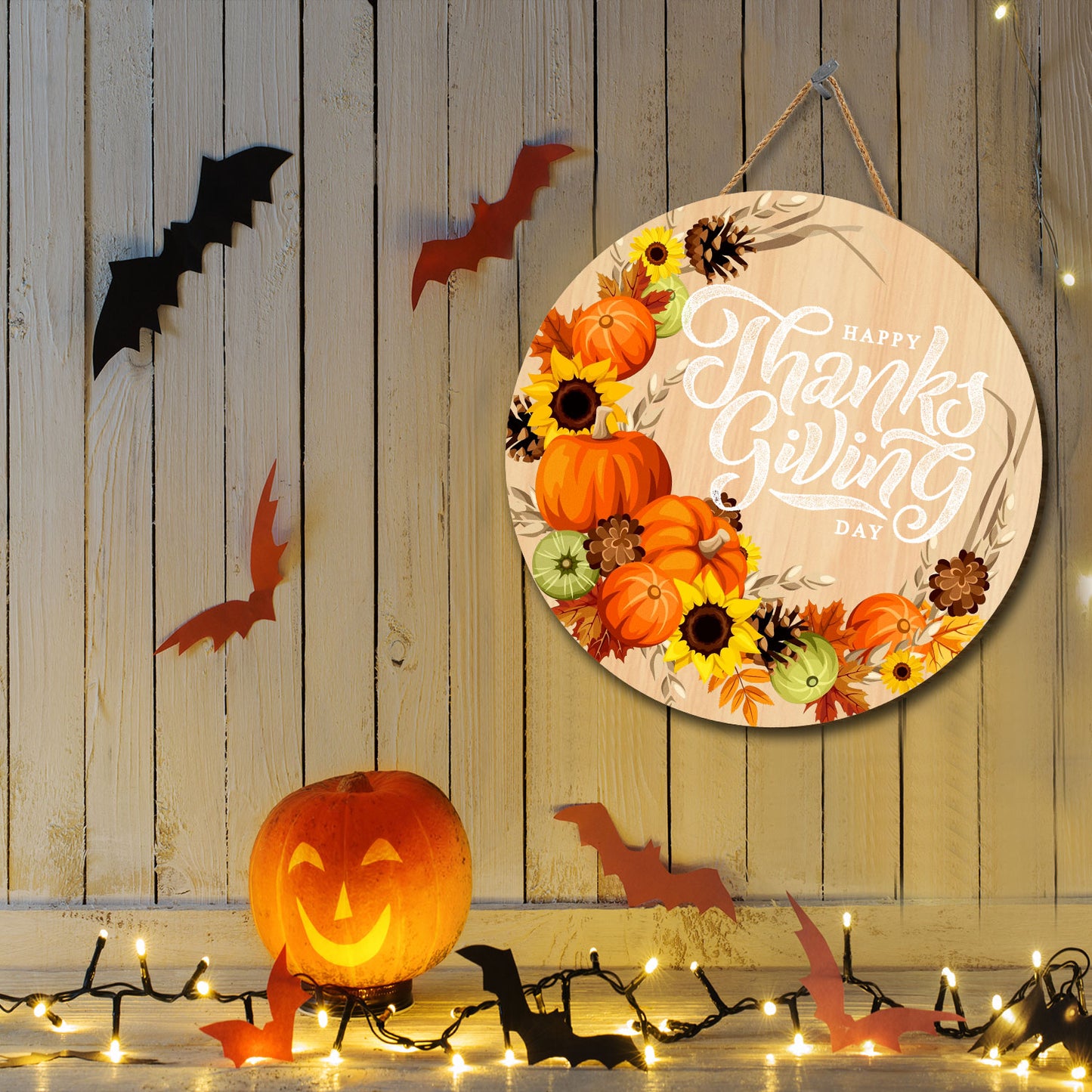 Teesdily | Happy Thanksgiving Autumn Wreath Wood Sign Pumpkin Sunflower Autumn Maple Leaves Home Decoration Gift For Family Front Door Welcome