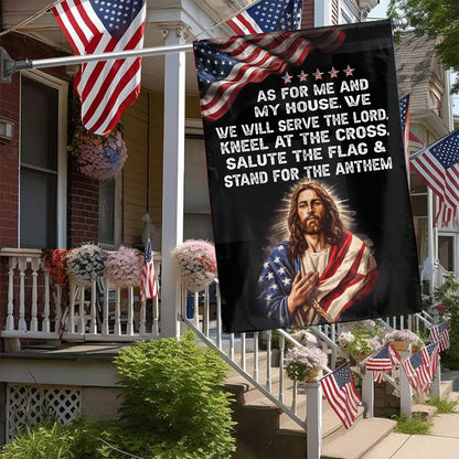 Teesdily | Jesus American Garden Flag, As For Me And My House, We Will Serve The Lord House Flag, American Patriotic Flag, Jesus Outdoor Decor Gift