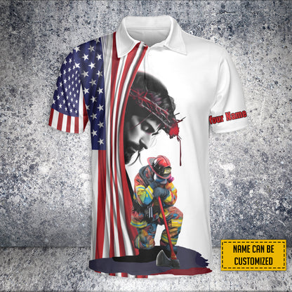 Teesdily | Firefighter 911 Day 3d Custom Tshirt Polo, Jesus American Flag All Over Print Shirt, Never Forget September 11th Remembrance Day Patriot