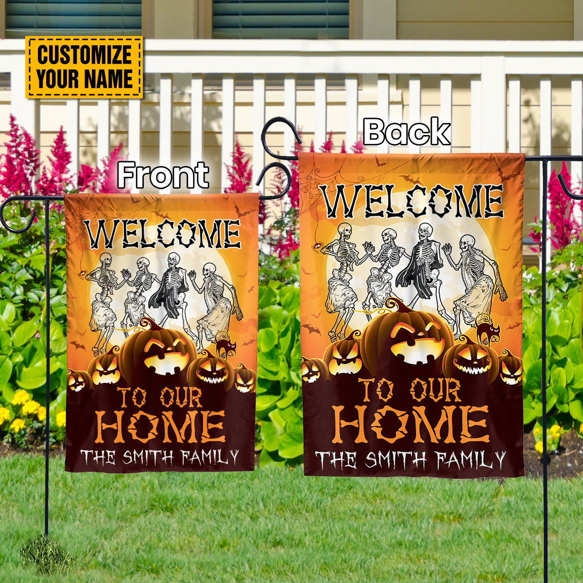 Teesdily | Personalized Welcome To Our Home Flag, Skeleton Dancing Pumpkin Halloween Garden Flag, Halloween Party House Flag, Yard Banner Decor