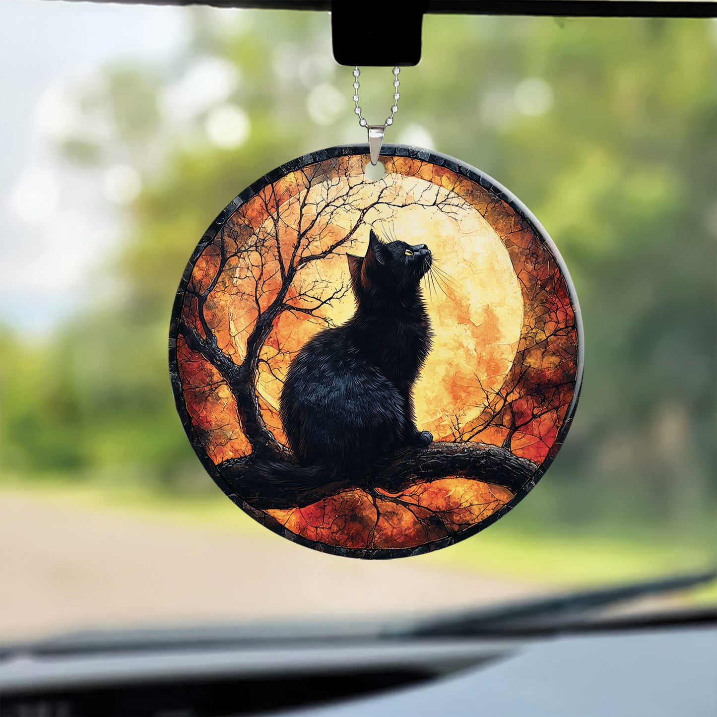 Teesdily | Black Cat Halloween Ceramic Ornament, Cat And Spooky Season Halloween Car Hanging Ornament, Halloween Gifts, Halloween Home Decoration