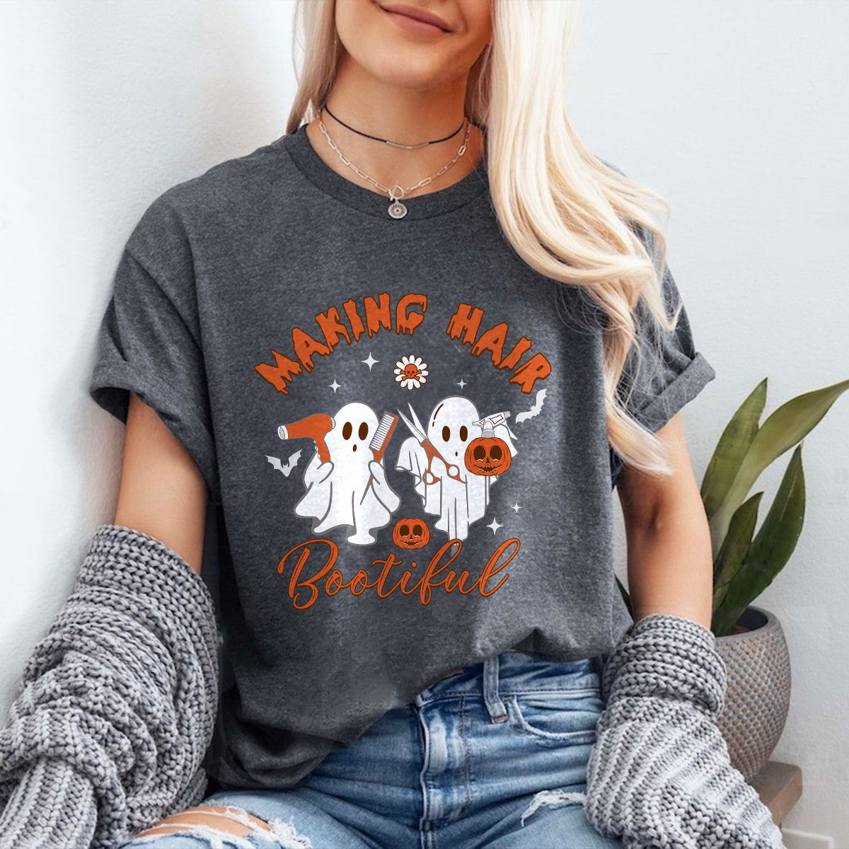 Teesdily | Hairstylist Halloween T-shirt, Making Hair Bootiful Cute Ghost Tee Sweatshirt Hoodie Mug, Halloween Hairdresser Gift, Cute Spooky Gifts