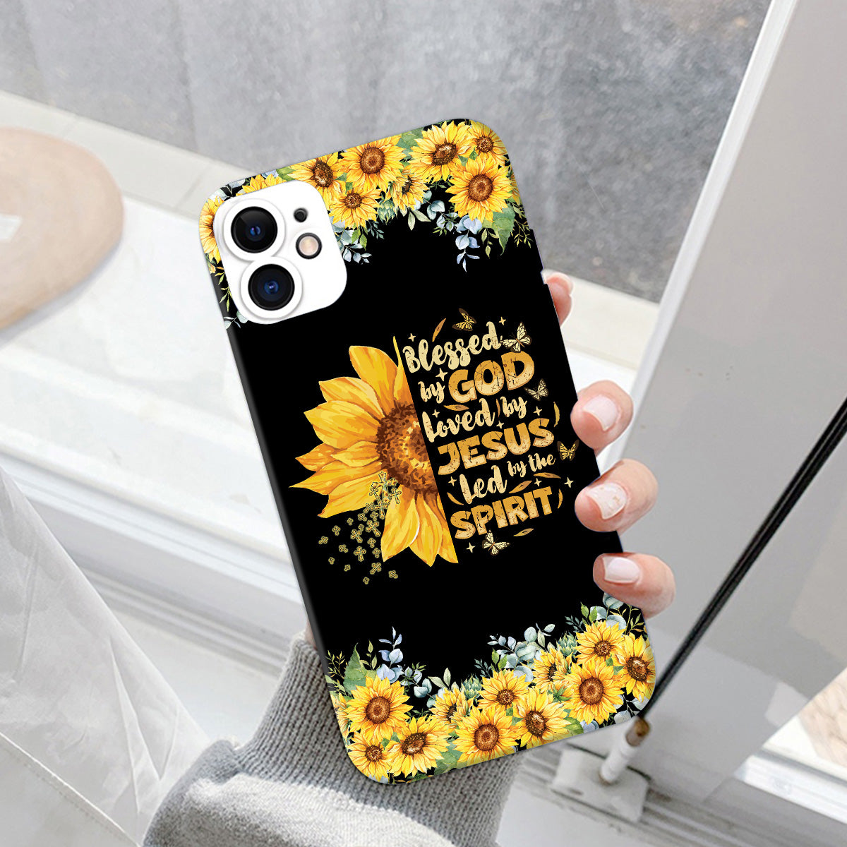 Teesdily | Jesus Christ Sunflower Phone Case, Blessed By God Loved By Jesus Phone Case, Jesus Cross Butterfly Phone Cover, Christian Girl Gifts