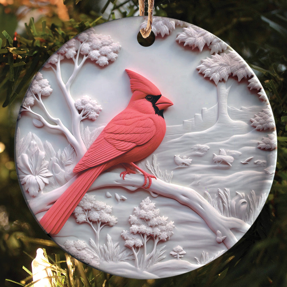 Teesdily | Christmas Cardinal Bird 2D Flat Ceramic Ornament, Couple Cardinal Bird Snowy Flower Christmas Gift, Xmas Ornament