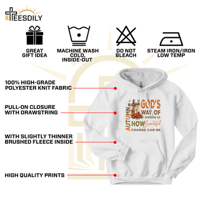 Teesdily | Jesus Cross Shirt, Autumn Is God's Way Of Showing Us How Beautiful Change Can Be Sweatshirt Hoodie Mug, Cross Leaves Fall Christian Gift