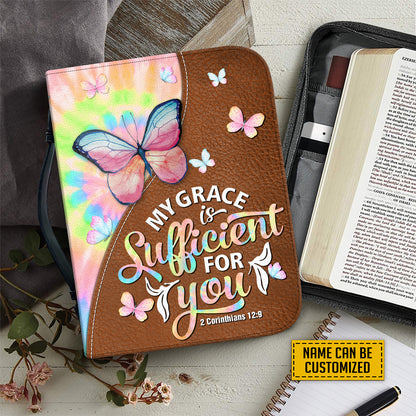 Teesdily | Butterfly Tie Dye Custom Bible Cover, My Grace Is Sufficient For You Bible Carrier, Hippie Bible Cover With Handle, Christian Women Gifts