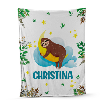 Teesdily | Customized Name Cartoon Sloth Moon Blanket For Women Girls Chibi Sloth Winter Fleece Blanket Throw Cute Gift Blankets For Adults Kids