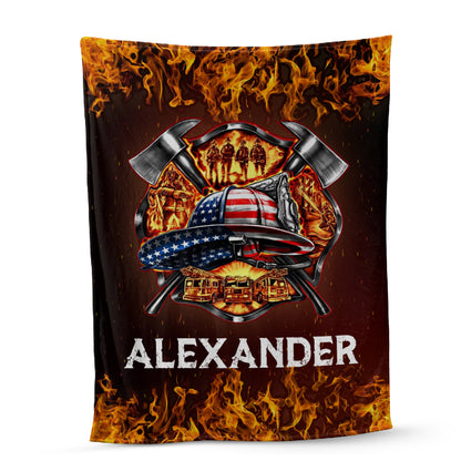 Teesdily | Customized Name American Firefighter Fleece Blanket American Fireman Travel Blanket Firefighter Dad Gifts Warm Sofa Blanket