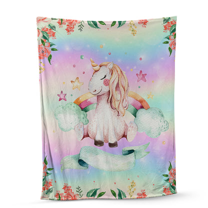 Teesdily | Cute Unicorn Magical Nursery Fleece Blanket Personalized Name Baby Blanket Unicorn Rainbow Throw Blanket Gift For Daughters