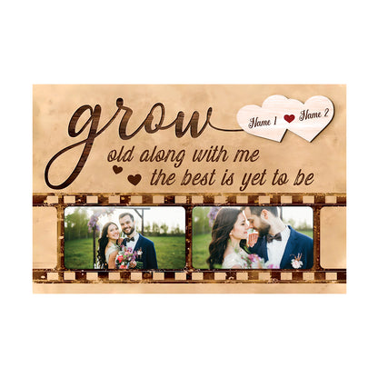 Teesdily | Couple Customized Photo And Name Poster Canvas Grow Old Along With Me Vintage Wall Decor Wedding Anniversary Gift For Wife Husband