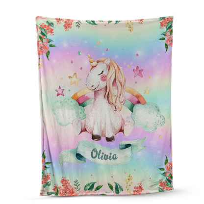 Teesdily | Cute Unicorn Magical Nursery Fleece Blanket Personalized Name Baby Blanket Unicorn Rainbow Throw Blanket Gift For Daughters