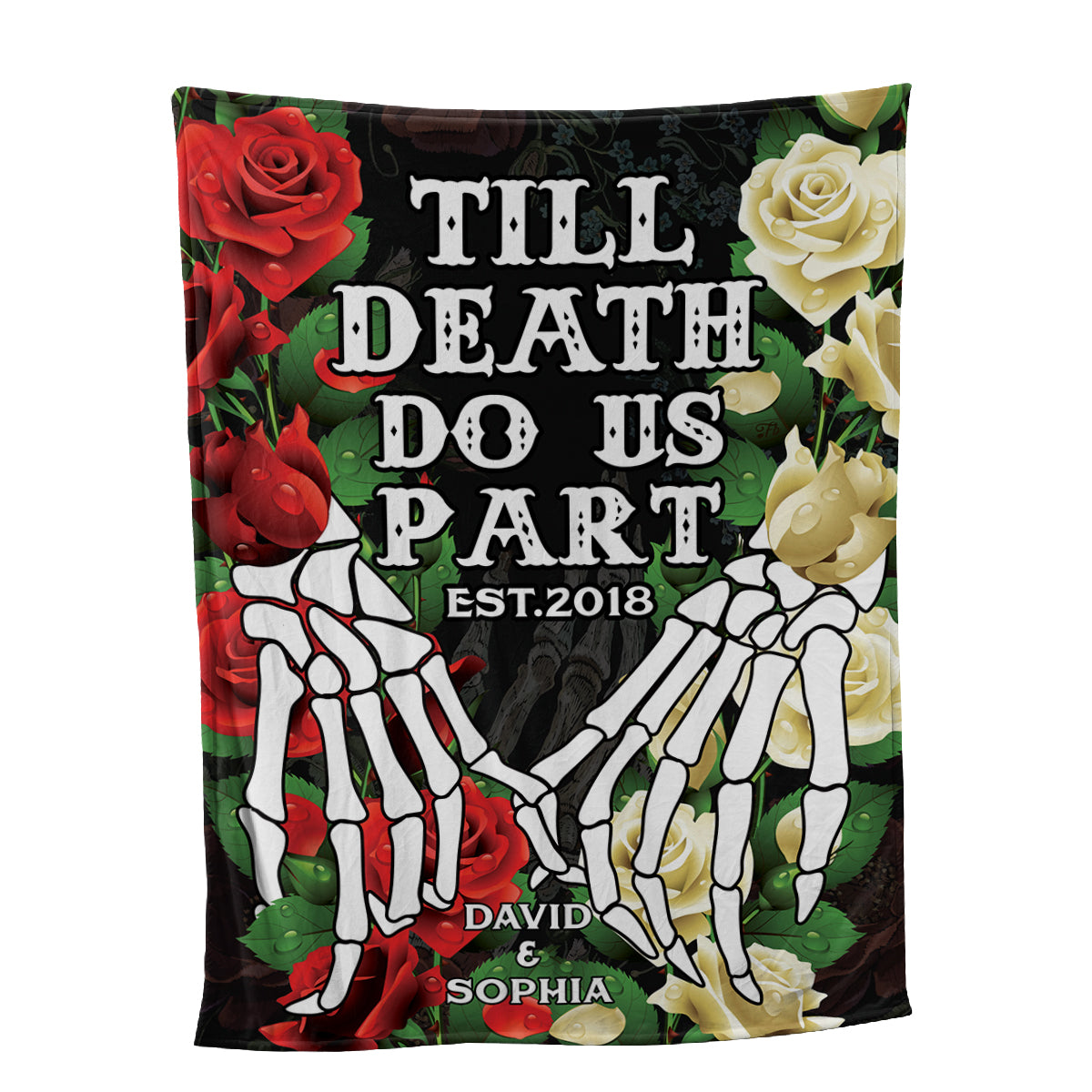 Teesdily | Gothic Couple Custom Name Fleece Blanket Till Death Do Us Part Blanket Couple Skeleton Sherpa Blanket Halloween Gift For Wife Husband