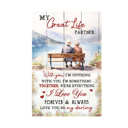 Teesdily | Old Couple Beautiful Landscape Customized Poster Canvas Mountain Scene Peaceful Wall Art My Great Life Partner Couple Room Wall Decor