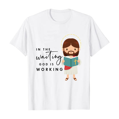 Teesdily | Jesus Chibi Graphic Shirt God Bible Reading Sweatshirt Hoodie Mug In The Waiting God Is Working Clothing Gift For Christian Faith Believers