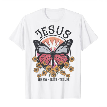 Teesdily | Jesus Christ Butterfly Sunflower Shirt Jesus The Way Truth The Life Sweatshirt Hoodie Mug God Faith Crew Neck T Shirts For Women