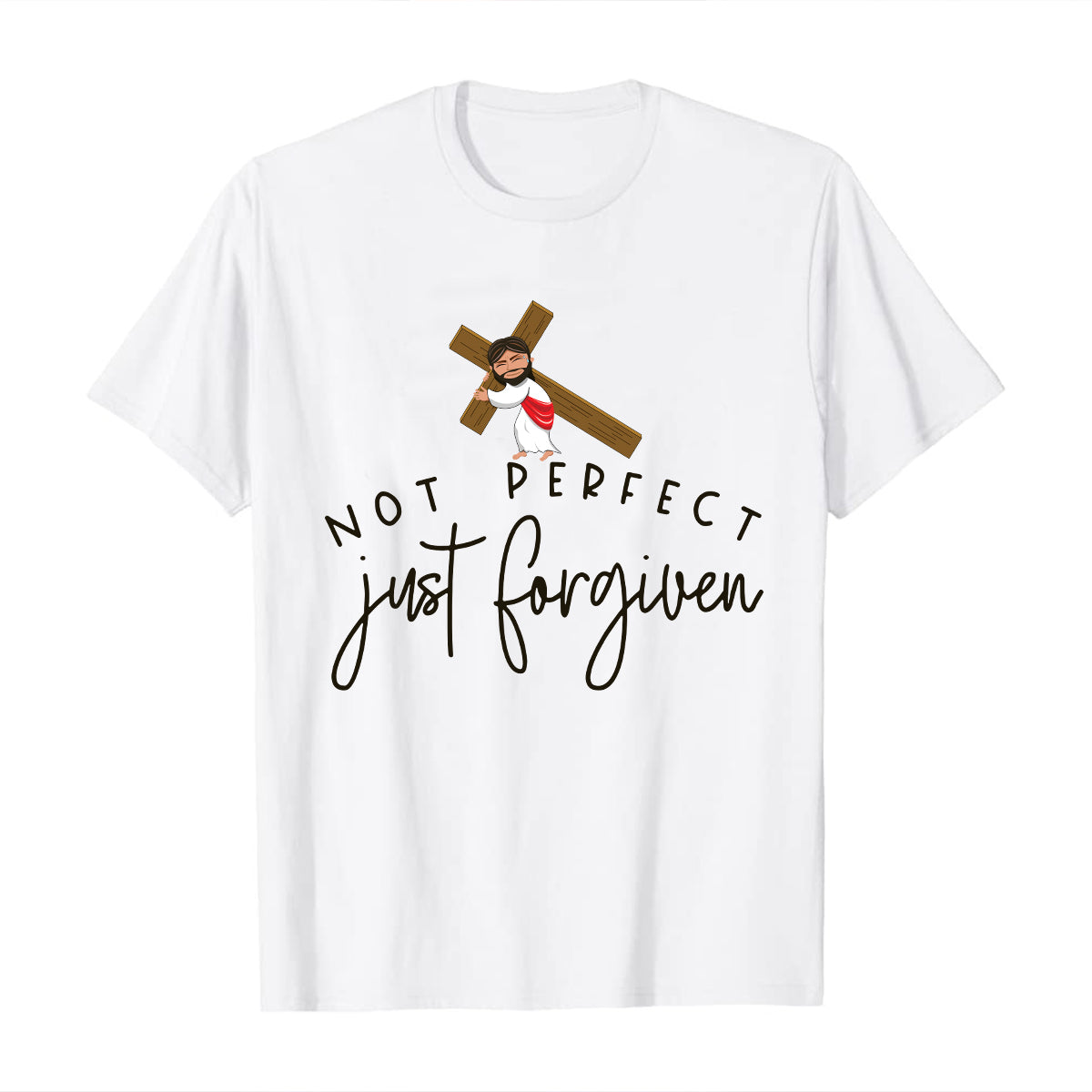 Teesdily | Jesus Hanging Cross Graphic Shirts Not Perfect Just Forgiven Shirts For Women Basic Tees God Bible Verse Cute Gift For Christian