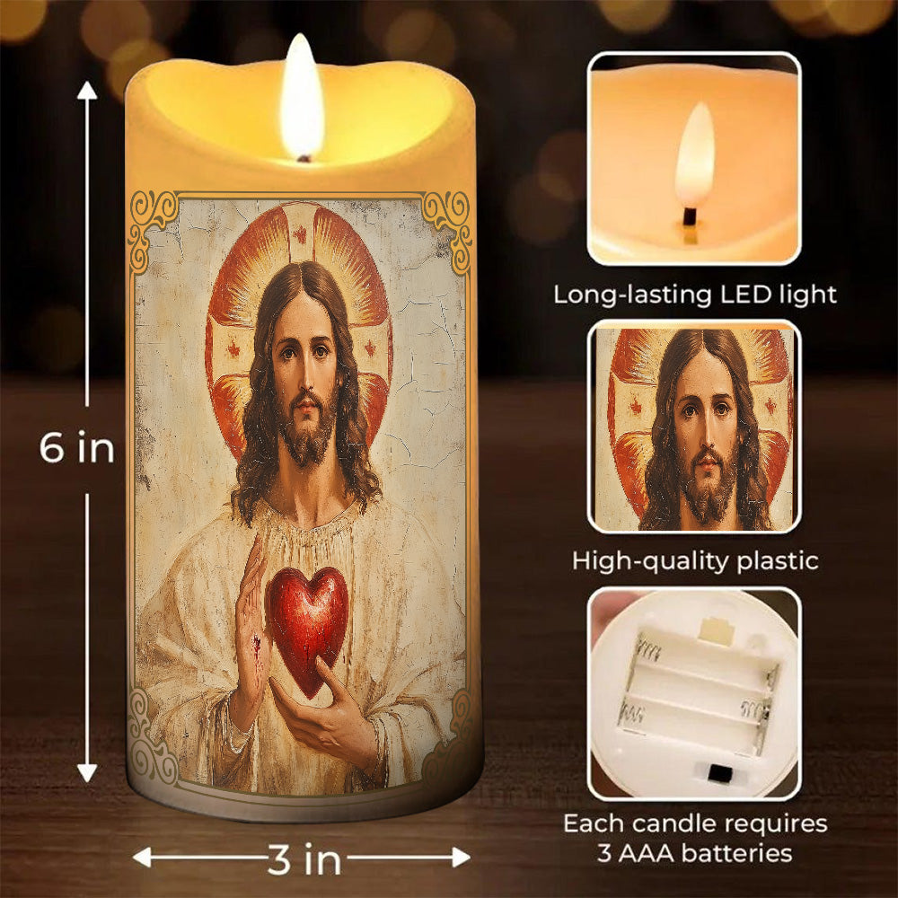 Teesdily | The Lord's Prayer LED Candle, Jesus Christ Scared Heart LED Candle Without Battery, Religious Christmas Home Decor