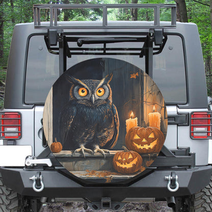 Teesdily | Owl Pumpkin Halloween Spare Tire Cover, Halloween Pumpkin Candles Truck Wheel Cover, Owl Lover Gift, Car Decoration Halloween Gifts