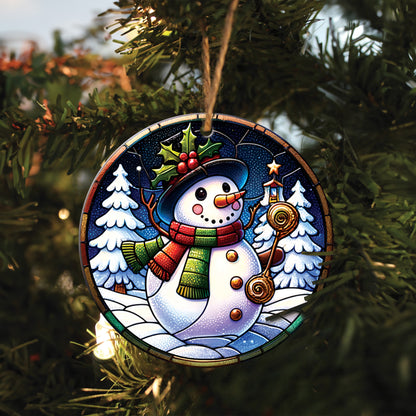 Teesdily | Christmas Snowman Circle Ceramic Ornament, Xmas Snowman Acrylic Ornament, Jesus Lovers Gifts, Christmas Ornament, Xmas Home Decoration