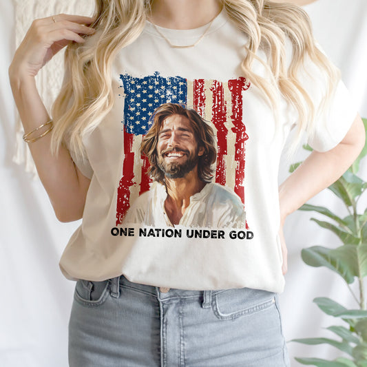 Teesdily | Jesus American Flag Shirt, One Nation Under God Sweatshirt, Christ God Hoodie, Jesus Mug Cup, Happy Independence Day, Gift For Jesus Lover