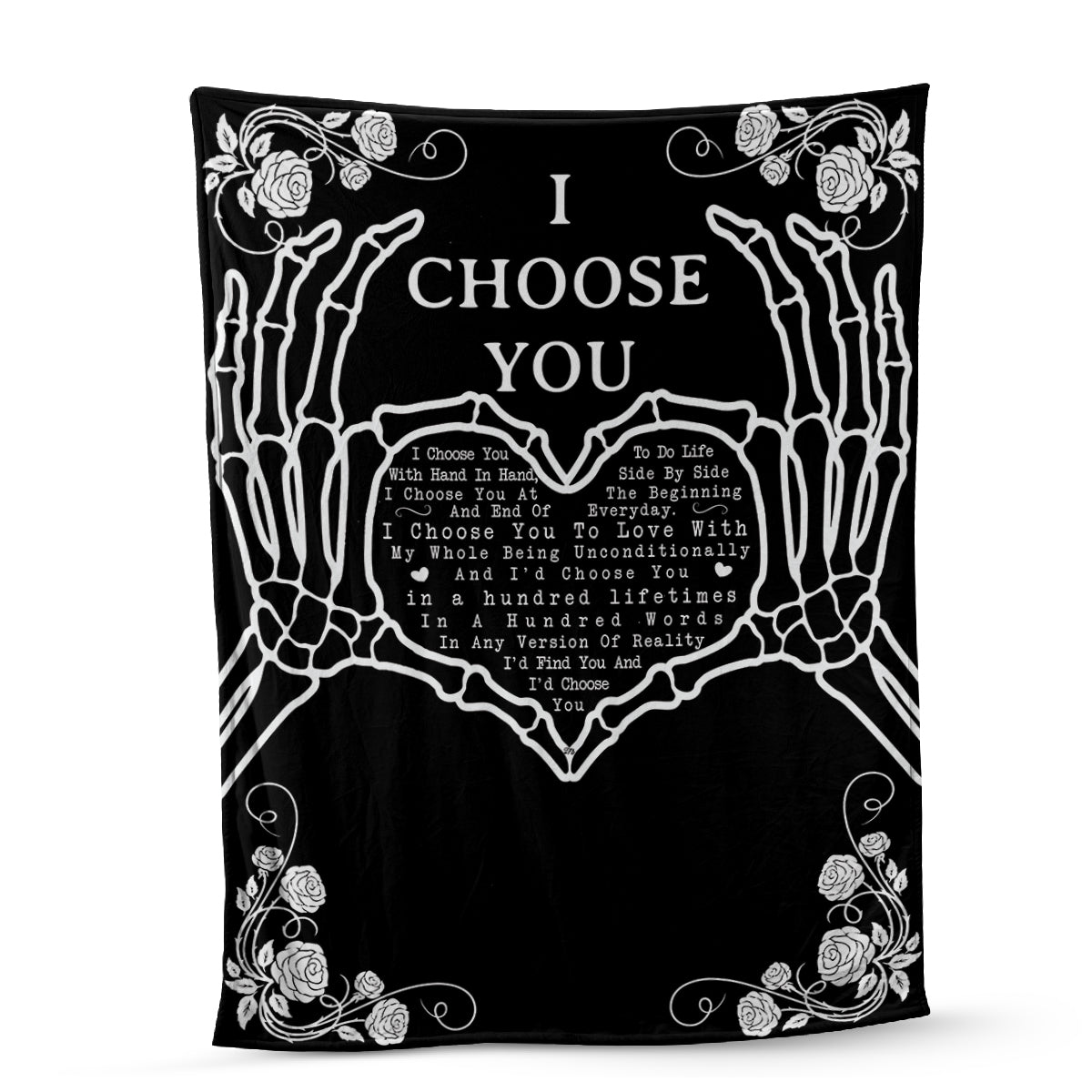 Teesdily | Skeleton Hand Custom Fleece Blanket I Choose You Warm Blanket Halloween Theme Rose Fleece Throw Blanket Gothic Bed Blanket Gift For Lover