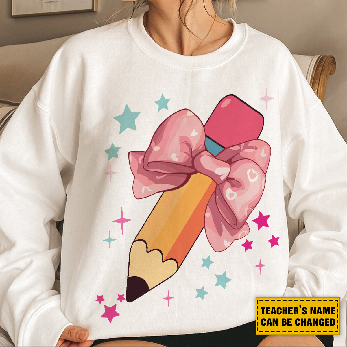 Teesdily | Teacher Pencil Bow Custom Name Shirt, Back To School Teacher Tshirt, First Day Of School Sweatshirt Hoodie, Gifts For Teacher Mug