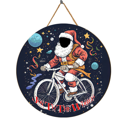 Teesdily | Customized Photo Santa Claus Cycling Wood Sign Joy To The World Christmas Front Door Sign Funny Custom Face Wood Sign Xmas Decor