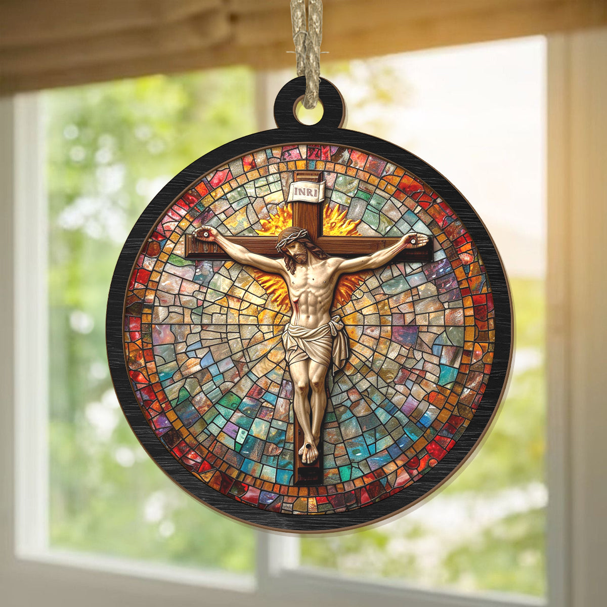 Teesdily | Jesus Crucifixion Suncatcher, Jesus Christ Cross Stain Glass Suncatcher, Faith Religious Suncatcher Christmas Decor, Jesus Lover Gift