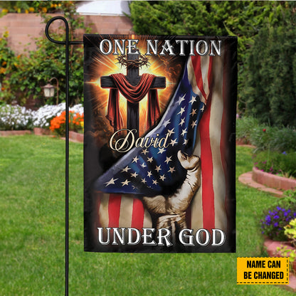 Teesdily | Personalized Jesus Cross American Flag, One Nation Under God Garden Flag, Christian American House Flag, 4th Of July Pastor Gifts