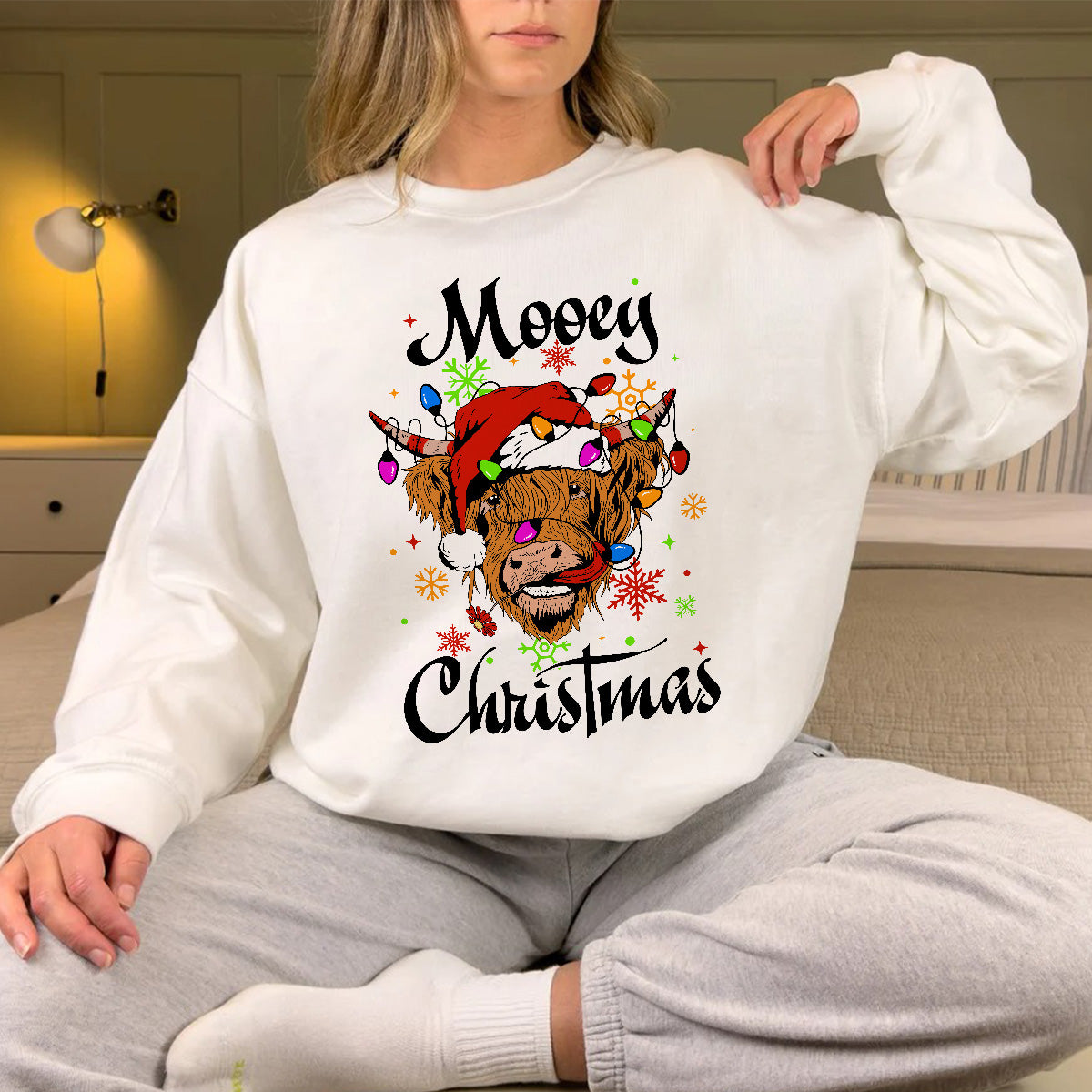 Teesdily | Highland Cow Christmas Shirt, Mooey Christmas Sweatshirt Hoodie Mug, Cow Santa Tee, Farm Christmas Cow Shirts