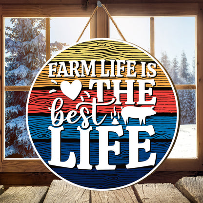 Teesdily | Thanksgiving Round Wood Sign, Farm Life Is The Best Life Retro Home Sign, Pig Farm Sign, Rustic Farmhouse Pig Sign, Farmhouse Decor