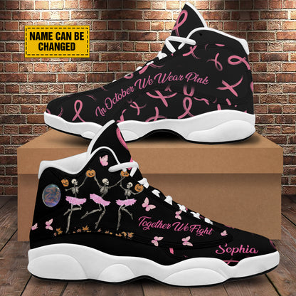 Teesdily | Customized Together We Fighter Shoes, Dancing Skeleton Breast Cancer Basketball Shoes, Halloween In October We Wear Pink Ribbon Shoes