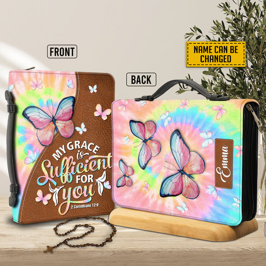 Teesdily | Butterfly Tie Dye Custom Bible Cover, My Grace Is Sufficient For You Bible Carrier, Hippie Bible Cover With Handle, Christian Women Gifts