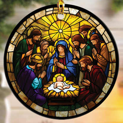 Teesdily | Jesus Christ Mary Christmas Ornament, Holy Family Stained Glass Printed Ornament, Nativity Religious Art Christmas Gift