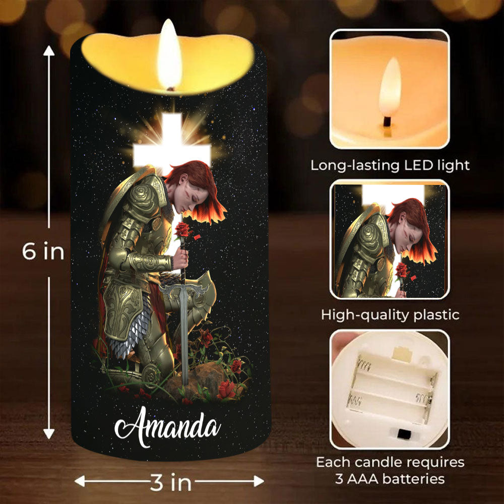 Teesdily | Customized Woman Warrior Jesus LED Candle Without Battery, I Am A Daughter Of The King Christ Candle, Prayer Faith Gift