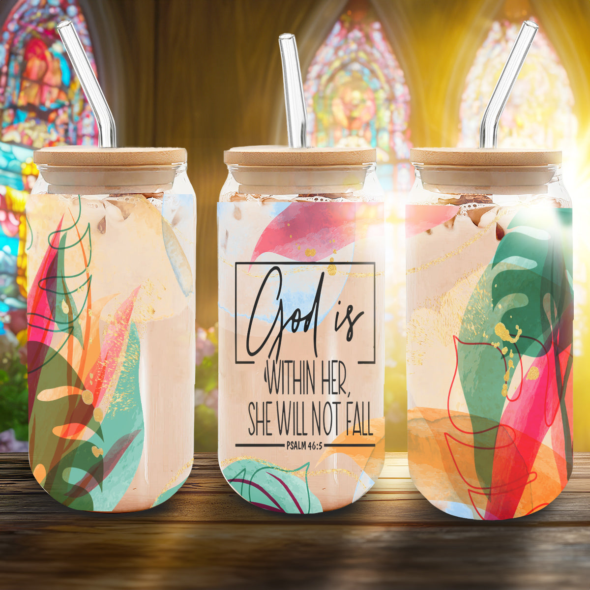 Teesdily | Jesus Abstract Art Gold Tropical Frosted Can, God Is Within Her She Will Not Fall Glass Can With Straw, Christian Gifts For Women Faith