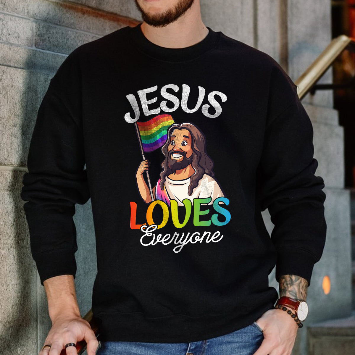 Teesdily | Jesus Loves Everyone Shirt, LGBT Jesus T-shirt, Rainbow Pride Sweatshirt, Gay Pride Month Hoodie, Funny Pride Mug, Jesus Lovers Gift