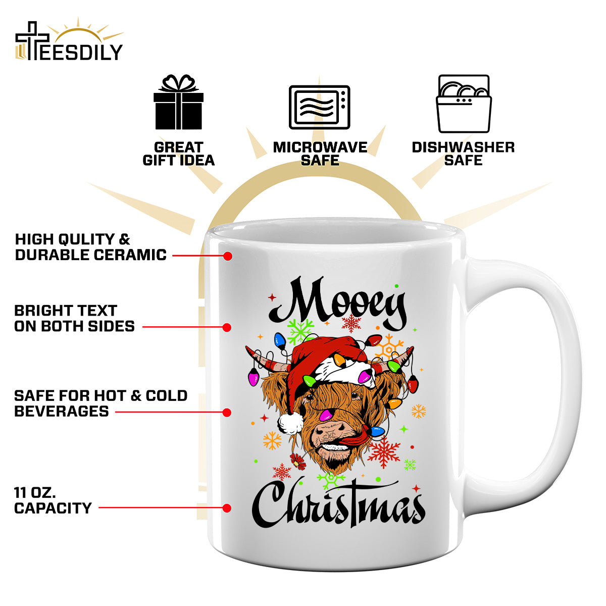 Teesdily | Highland Cow Christmas Shirt, Mooey Christmas Sweatshirt Hoodie Mug, Cow Santa Tee, Farm Christmas Cow Shirts