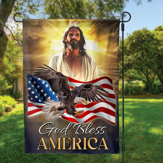 Teesdily | Jesus Eagle American Flag Home, God Bless American Flag House, God Garden Flag Decor Independence Day, Jesus Gift Lovers, Garden House Flag