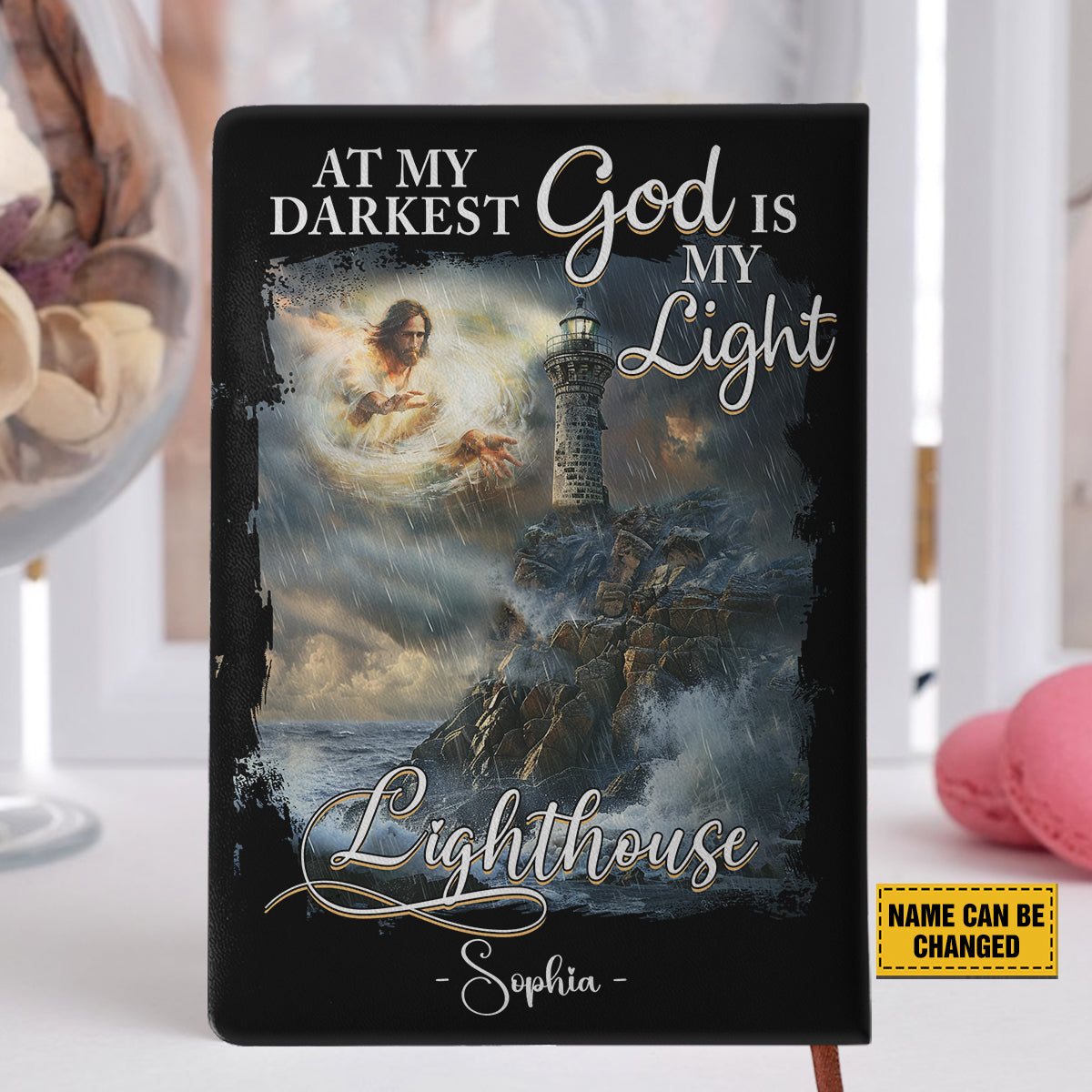 Teesdily | Personalized Jesus Lighthouse Storm Notebook, At My Darkest God Is My Light Notebook, God Faith Religious Gift, Christian Leather Journal