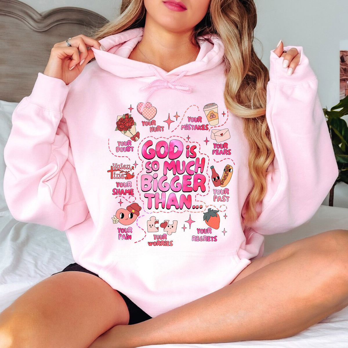 Teesdily | Valentines Day Womens Tops Christian Wife Girlfriend Hoodie Sweatshirt Mug God Is So Much Bigger Than Your Fears God Inspiration Gift Ideas