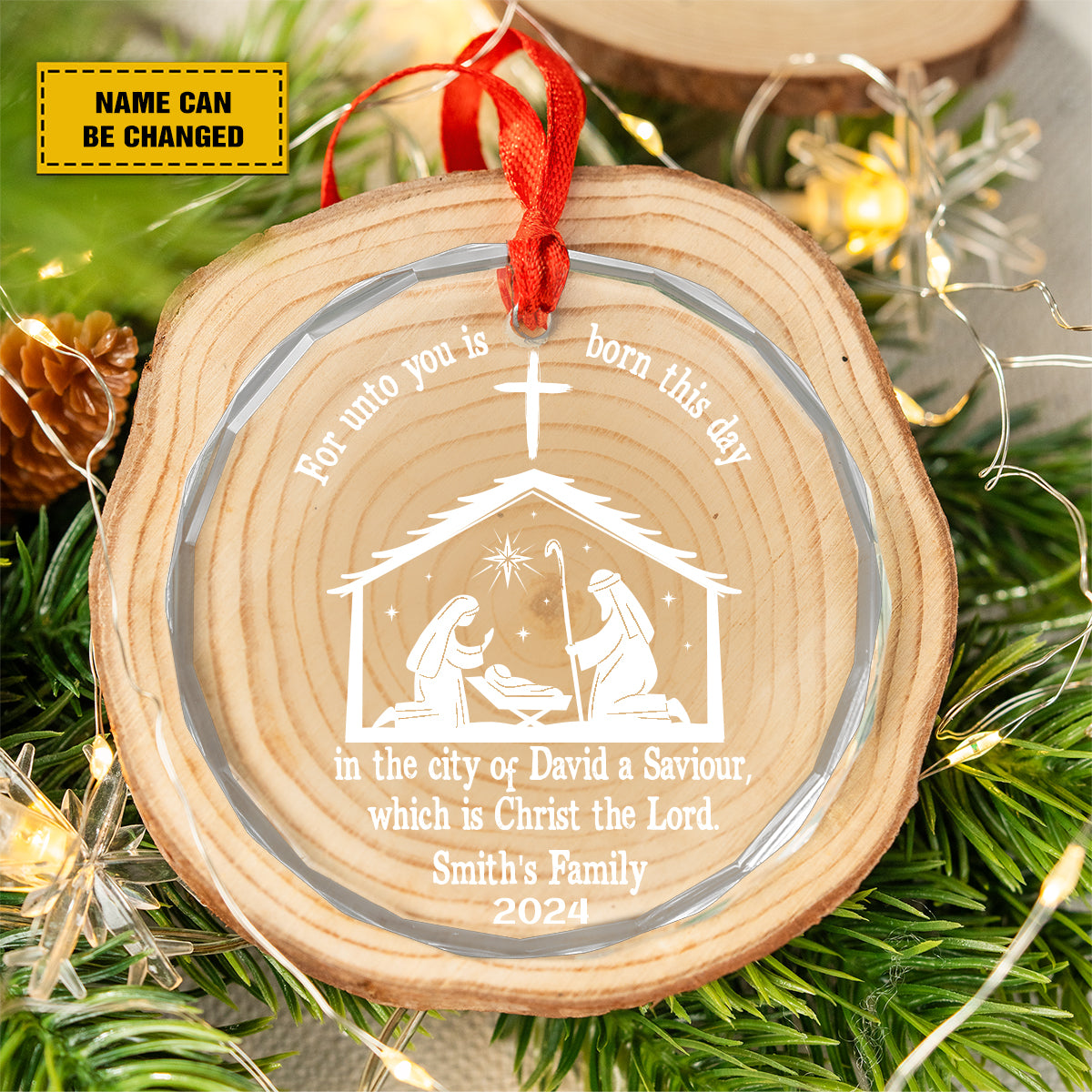 Teesdily | Personalized Jesus Faith Glass Ornament, For Unto You Is Born This Day Nativity Scene Ornament Christmas, Christ The Lord Religious Gift