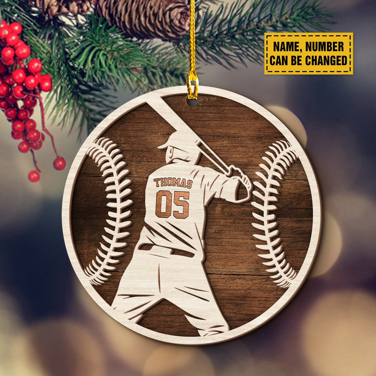 Teesdily | Customized Baseball Ornaments, Team Baseball Player Ornament Christmas, Sport 2 Layered Wood Ornament, Christmas Gift